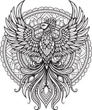 Detailed black and white phoenix mandala art perfect for coloring and design projects
