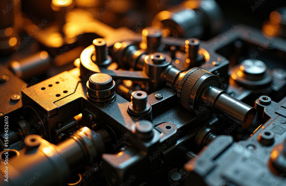 Poster close-up of a high-precision mechanical device with intricate components and adjustable knobs