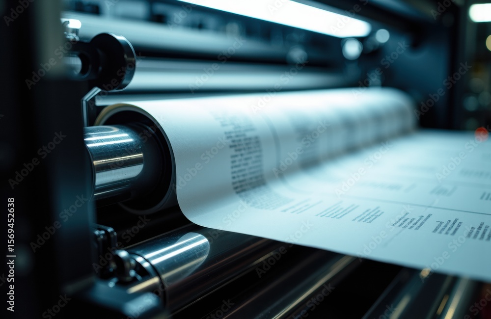 Poster a printing machine produces a continuous sheet of paper with printed data in a professional setting