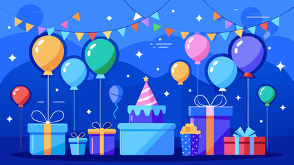 Festive birthday celebration with balloons cake and gifts under party bunting
