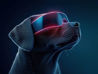 A stylish dog wearing futuristic sunglasses against a dark background, exuding a cool and confident vibe.