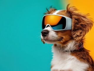A stylish dog wearing sunglasses poses against a vibrant background, exuding confidence and charm.