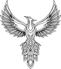 Fototapeta premium Vector illustration of a detailed phoenix bird with wings spread in elegant outline