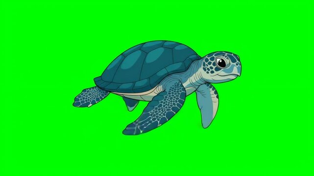 Blue Shelled Turtle Swimming in an Animated Style on a Solid Green Background green screen