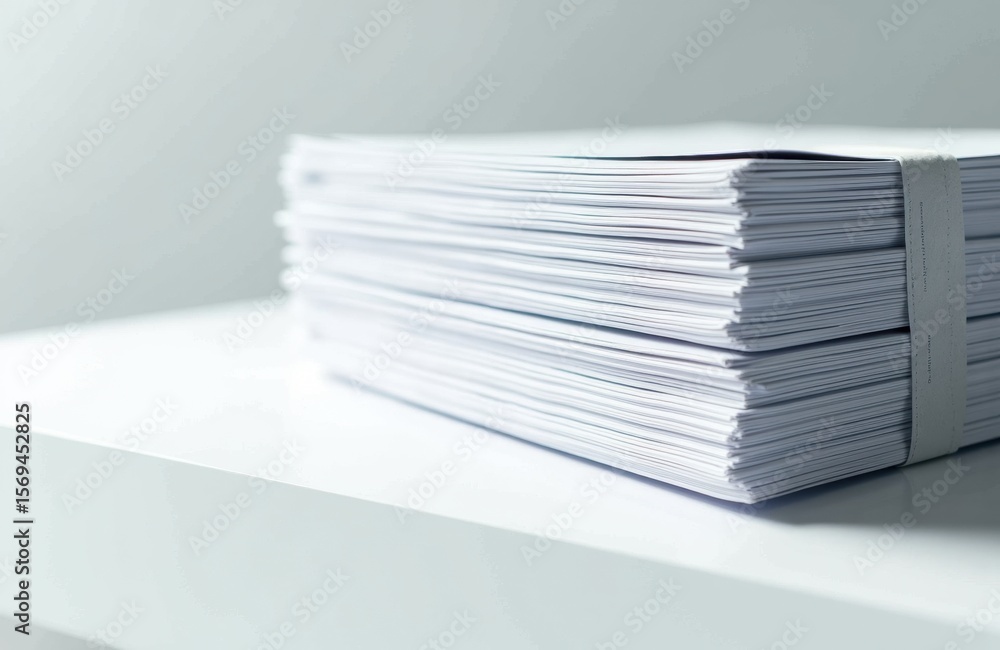 Poster stack of printed documents or reports on a white surface with a clean background