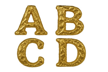 Gold textured letters A, B, C, D isolated on transparent background, uppercase