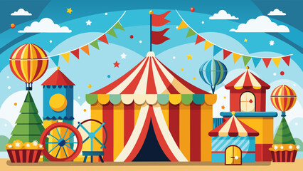 Colorful vintage circus tents and hot air balloons under a festive sky