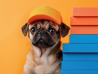 A cute pug wearing an orange cap sits beside colorful stacked boxes against a vibrant orange background.