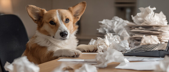 Corgi dog sitting at desk with crumpled paper and laptop looking at the camera