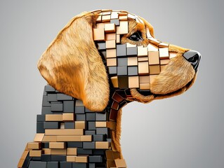 A stylized depiction of a dog, integrating geometric shapes and textures to create a mosaic-like effect.