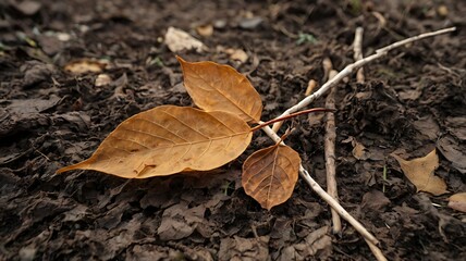 A close up of a brown leaf and a twig on the ground covered with fallen leaves in an outdoor setting
