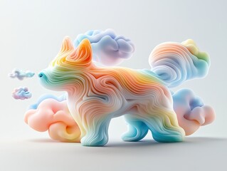 A colorful, stylized dog figure surrounded by soft clouds, showcasing a blend of pastel hues and fluid shapes.