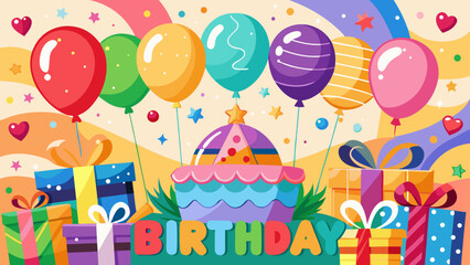 Colorful birthday celebration with balloons cake and gifts illustration