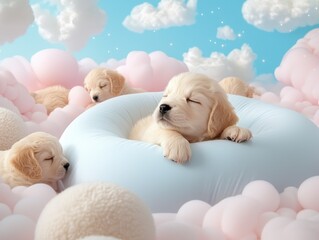 Four adorable puppies sleep peacefully on fluffy clouds, surrounded by soft pink fluff, creating an enchanting and dreamy atmosphere.