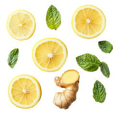 Root with lemon slice and mint leaves isolated on transparent background. 