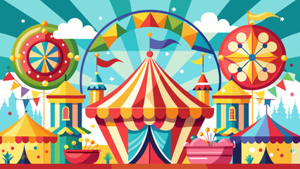 Fototapeta premium Vibrant circus scene with ferris wheel tents and festive decorations under a bright sky