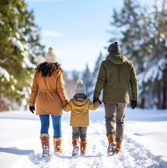enfant et ses parents en promenade en hiver dans la neige