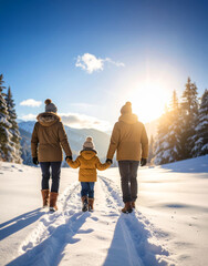 enfant et ses parents en promenade en hiver dans la neige