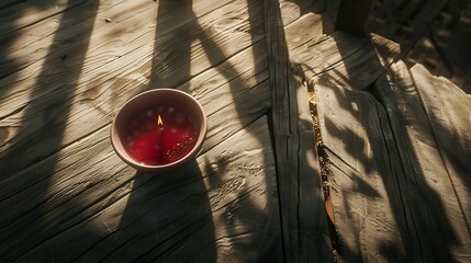 Aromatic ambiance, lit candle on weathered wood, creating a peaceful atmosphere