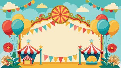 Festive circus background with tents balloons and decorative flags