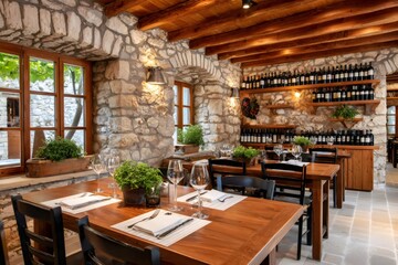 Elegant restaurant interior design showcasing stone walls and wine collection