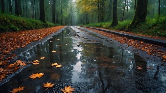 Wet road through a forest with fallen leaves reflecting the trees and sky after rainfall in autumn