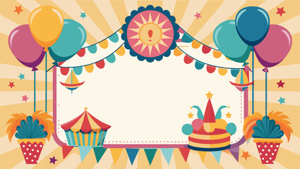 Festive circus party invitation with balloons and cake