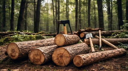Pile of logs with axes in a forest setting ready for splitting and firewood preparation outdoors