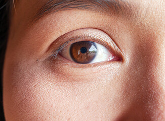 Obraz premium Close-up image showcasing the beautiful brown eyes of a asian woman with natural makeup. Ideal for beauty, skincare, or eye care concepts, this high-quality photo emphasizes elegance and allure.v