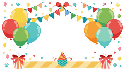 Festive birthday celebration with balloons confetti and gifts