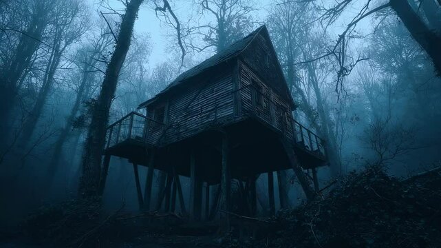 Scary, dilapidated cabin is standing on stilts in a dark forest, partially obscured by fog, creating a spooky and mysterious atmosphere