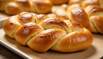 Freshly baked braided bread rolls on parchment paper  