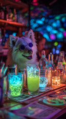 A dog with sunglasses behind a bar with glowing drinks and neon lights behind it