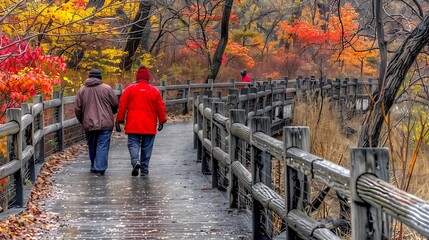 Autumn stroll at the park: An intimate walk on wooden boardwalk amidst scenic foliage