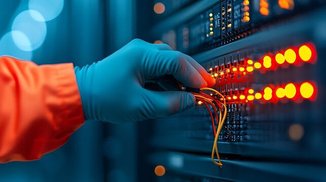 Server Room Technician Connecting Network Cables - Powered by Adobe