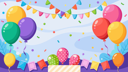 Festive celebration with colorful balloons and bunting flags and confetti