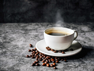 Coffee cup and coffee beans on gray background, Black coffee cup aromatic