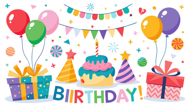 Colorful birthday celebration with cake balloons gifts and party hats