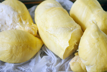 A yellow durian that has been peeled off to reveal the tasty yellow flesh of the durian. Close-up
