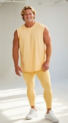 Obraz premium athletic person wearing yellow sleeveless shirt yellow sweatpants bright minimal studio setting