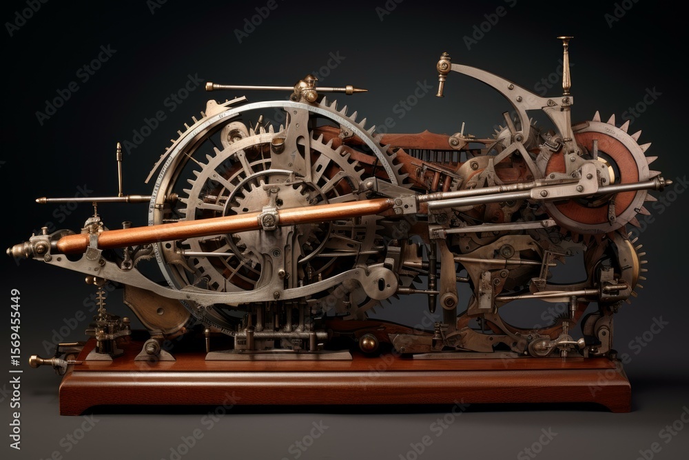 Poster intricate clockwork mechanism with interlocking gears, levers, and rods, showcasing the complexity o