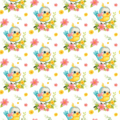 Seamless pattern with cute cartoon bird sitting on a flowering branch