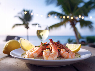 plat de crevettes à déguster sur la plage