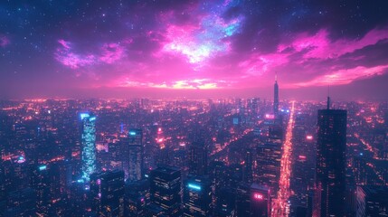 Fototapeta premium Cityscape at dusk, vibrant colors, digital art