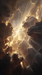 dramatic sunlight beams through dark storm clouds atmospheric sky background celestial rays nature