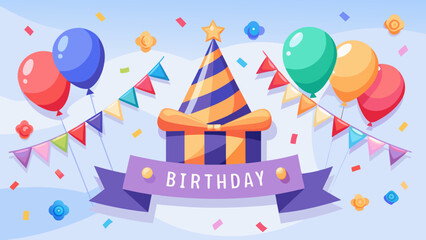 Celebratory birthday party scene with balloons gift hat and confetti