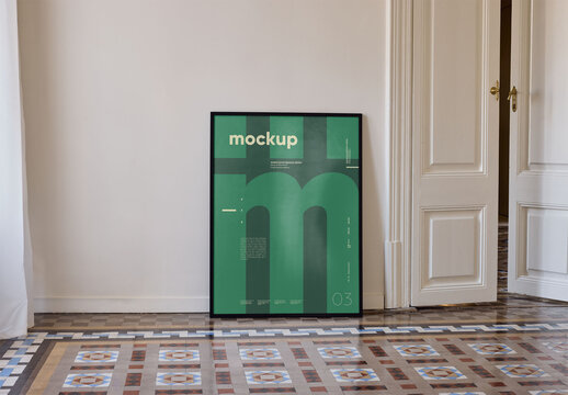 Mockup Of Vertical Customizable Framed Poster On Tiled Floor