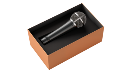 Sleek microphone in a copper colored box ready for podcasting and audio production isolated on transparent background
