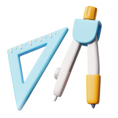 3D plastic tool set with triangle ruler and compass, in blue and orange colors.