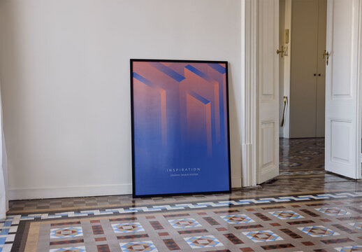 Mockup Of Vertical Customized Framed Poster On Tiled Floor